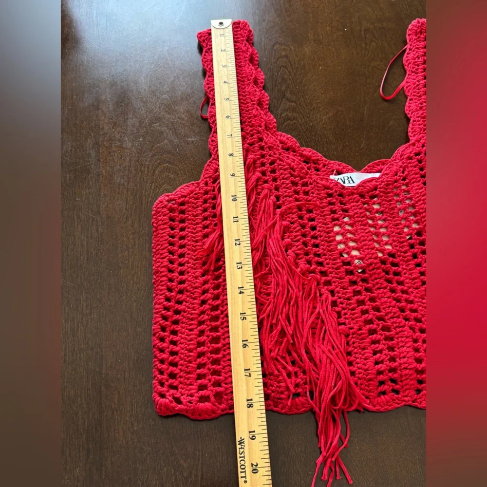 Zara Red Crochet Fringe Knit Sleeveless Crop Top M Weatern Festival Boho NEW - Picture 11 of 12